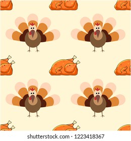 Seamless pattern Vector flat design of Happy Thanksgiving Day with turkey bird and fried turkey chicken on bright yellow autumn background.