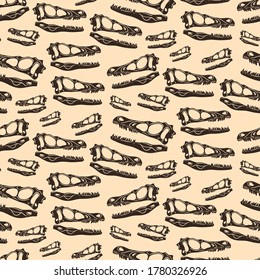 Seamless pattern vector flat design illustration. Fossils and bonds of velociraptor. 