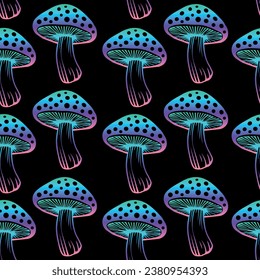 Seamless pattern. Vector flat fly agaric mushroom black background. amanita. psychedelic colors