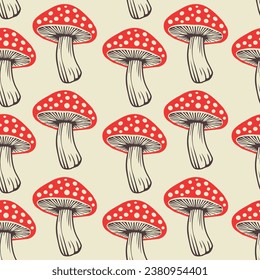 Patrón sin foco. Fondo negro de hongo agaric de mosca plana vectorial. amanita. colores vintage