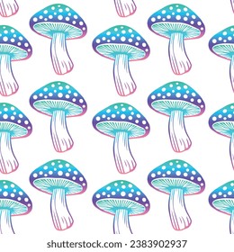 Seamless pattern. Vector flat fly agaric mushroom white background. amanita. psychedelic colors