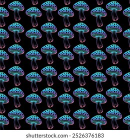 Seamless pattern. Vector flat fly agaric mushroom black background. amanita. psychedelic colors