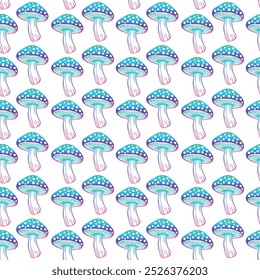 Seamless pattern. Vector flat fly agaric mushroom white background. amanita. psychedelic colors