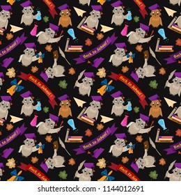 seamless pattern vector flat illustration school, bird owl holds various school subjects to study, books, tube, background, isolated, leaves, banners, back to school