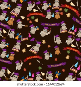 seamless pattern vector flat illustration school, bird owl holds various school subjects to study, books, tube, background, isolated, leaves, banners, back to school