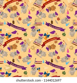 seamless pattern vector flat illustration school, bird owl holds various school subjects to study, books, tube, background, isolated, leaves, banners, back to school
