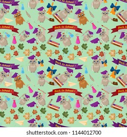 seamless pattern vector flat illustration school, bird owl holds various school subjects to study, books, tube, background, isolated, leaves, banners, back to school