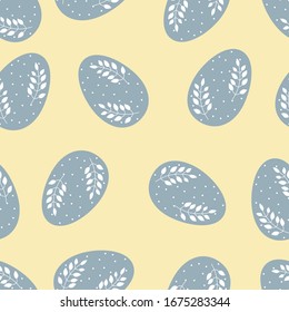 Seamless pattern. Vector flat illustration 
 whith easter eggs and leaves. Spring blue print use for prints, banners, games, magazines, websites, wrapping paper, gifts. 