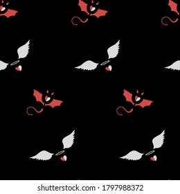 Seamless pattern. Vector flat illustration on dark background. Angel and devil.