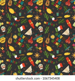 seamless pattern vector flat style illustration on isolated background Mexican elements black background