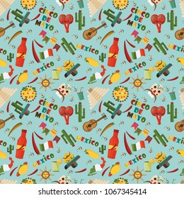 seamless pattern vector flat style illustration on isolated background Mexican elements blue background