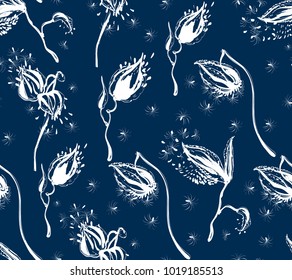 Seamless pattern Vector floral design with silhouette asclepias syriaca on dark blue background