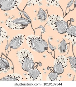 Seamless pattern Vector floral design with asclepias syriaca on pale pink background