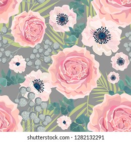 Seamless pattern Vector floral design: garden rose, powder white pink Anemone flower silver Eucalyptus and palm. Romantic background print