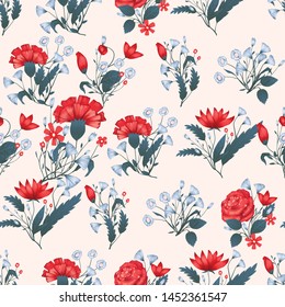 Seamless pattern Vector floral design with roses . Romantic background print for fabrics and wallpapers.