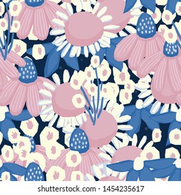 Seamless pattern Vector floral design with chamomile and wildflowers. Romantic background print for fabrics and wallpapers.