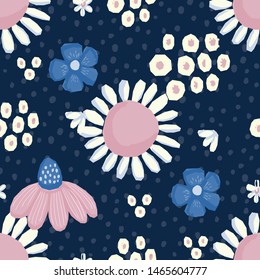 Seamless pattern Vector floral design with chamomile and wildflowers. Romantic background print for fabrics and wallpapers.