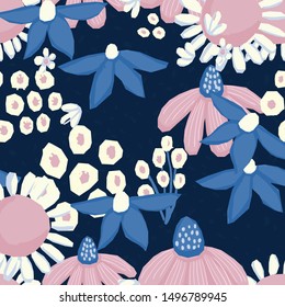 Seamless pattern Vector floral design with chamomile and wildflowers. Romantic background print for fabrics and wallpapers.