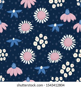 Seamless pattern Vector floral design with chamomile and wildflowers. Romantic background print for fabrics and wallpapers.