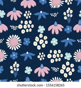 Seamless pattern Vector floral design with chamomile and wildflowers. Romantic background print for fabrics and wallpapers.