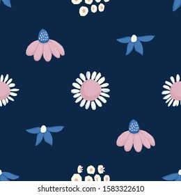 Seamless pattern Vector floral design with chamomile and wildflowers. Romantic background print for fabrics and wallpapers.
