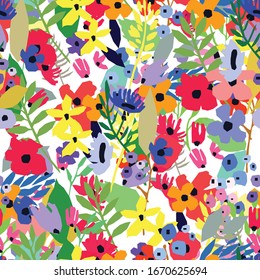 Seamless pattern. Vector floral design with wildflowers. Romantic background print for fabrics and wallpapers. Spring nature illustration. Abstract colorful flowers.