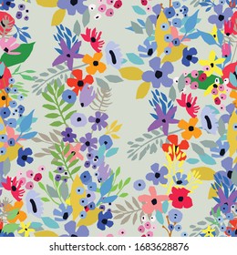 Seamless pattern. Vector floral design with wildflowers. Romantic background print. Spring nature illustration. Abstract colorful flowers.