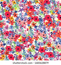 Seamless pattern. Vector floral design with cute wildflowers. Romantic abstract background. Spring nature illustration with colorful flowers.