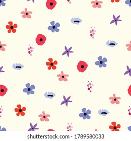 Seamless pattern. Vector floral design with cute wildflowers. Romantic abstract background. Spring nature illustration with colorful flowers.