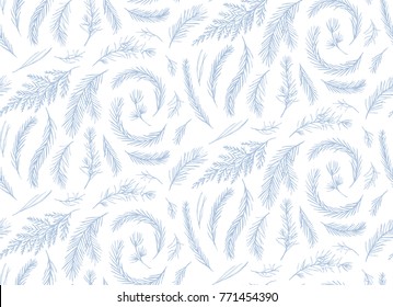 Seamless pattern, vector floral  design: drawn winter tree pine needles, juniper berry branch, blue spruce, cedar leaf greenery. Rustic Christmas, New Year texture wallpaper, wrapping paper cute print