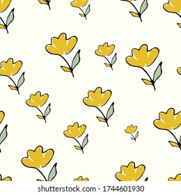 Patrón sin foco, ilustración floral vectorial. Flores amarillas en un fondo blanco.  Estilo dibujado a mano. Elemento para el diseño del tejido; textil; papel de reserva de recortes, fondo de pantalla.