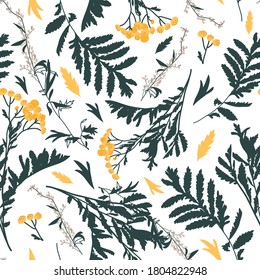 Seamless pattern in vector. Floral illustration. Yellow wild flowers with green leaves. Botanical.