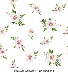 Seamless pattern Vector floral watercolor design. Rustic romantic background print. White pink Anemone flower silver Eucalyptus branch.