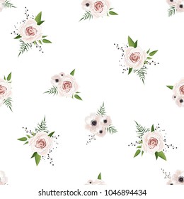 Seamless pattern Vector floral watercolor design. Rustic romantic background print. White pink Anemone flower silver Eucalyptus branch.