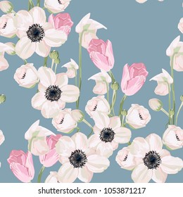 Seamless pattern vector floral watercolor style design: garden powder white pink Anemone flower and pink tulip. Rustic romantic background print. Good for wedding invitation, greeting card. 
