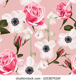 Seamless pattern vector floral watercolor style design: garden powder white pink Anemone flower and roses. Rustic romantic background print. Good for wedding invitation, greeting card. 