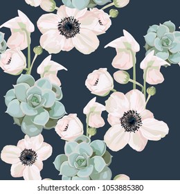 Seamless pattern vector floral watercolor style design: garden powder white pink Anemone flower and succulent. Rustic romantic dark background print. Good for wedding invitation, greeting card. 