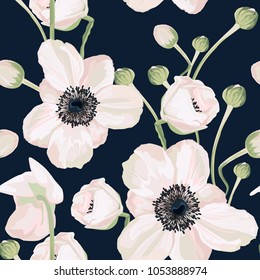 Seamless pattern vector floral watercolor style design: garden powder white pink Anemone flower. Rustic romantic dark background print. Can be used as invitation card for wedding, birthday and other.