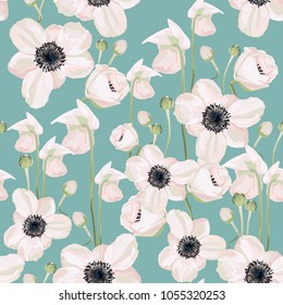 Seamless pattern Vector floral watercolor style design: garden powder white pink Anemone flower. Rustic romantic background print. Good for wedding invitation, greeting card. Mint background.