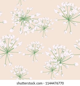 Seamless pattern Vector floral watercolor style design: white wild herbs. Rustic romantic background print. Good for wedding invitation, greeting card. Light background.