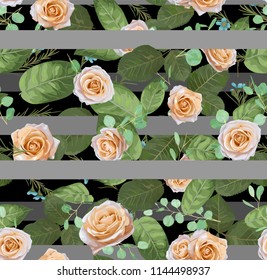 Seamless pattern Vector floral watercolor design: garden cream roses, wax flower silver Eucalyptus. Rustic background stripped gray print