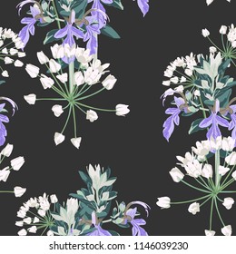 Seamless pattern Vector floral watercolor style design: white wild violet and white herbs. Rustic romantic background print. Good for wedding invitation, greeting card. Dark background.