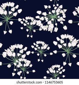 Seamless pattern Vector floral watercolor style design: white wild herbs. Rustic romantic background print. Good for wedding invitation, greeting card. Dark background.