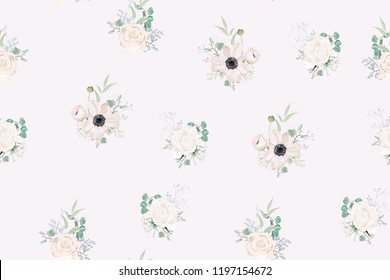 Seamless pattern Vector floral watercolor style design: garden powder Anemone flower, white roses silver Eucalyptus branch, succulent, greenery leaves. Rustic romantic background print.