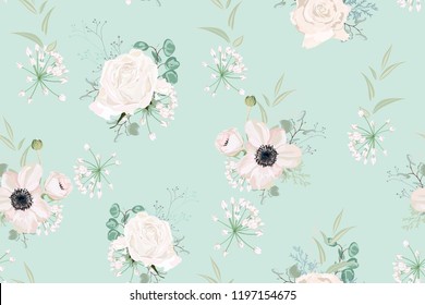Seamless pattern Vector floral watercolor style design: garden powder Anemone flower, white roses silver Eucalyptus branch, succulent, greenery leaves. Rustic romantic mint background print.