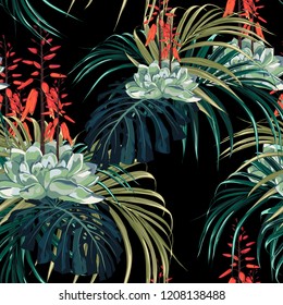 Seamless pattern vector floral watercolor style design: succulent in bloom with orange flowers and palm monstera leaves. Rustic black background print. 