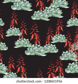 Seamless pattern vector floral watercolor style design: succulent in bloom. Rustic romantic black background print. 