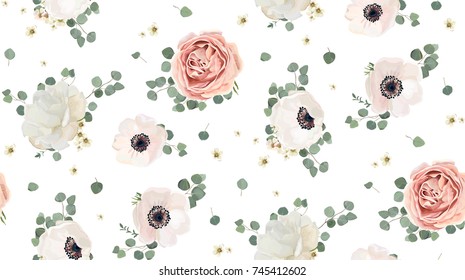 Seamless pattern Vector floral watercolor design: garden rose peony, powder white pink Anemone flower silver Eucalyptus branch green thyme wax flowers greenery leaves. Rustic romantic background print Seamless pattern Vector floral watercolor design: garden rose peony, powder white pink Anemone flower silver Eucalyptus branch green thyme wax flowers greenery leaves. Rustic romantic background print