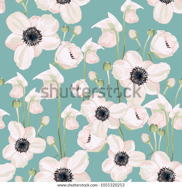 シームレスなパターンのベクター画像花柄の水彩色デザイン 白いピンクのアネモネの花が咲く庭の粉 素朴なロマンチックな背景の印刷 結婚式 の招待状 グリーティングカードに最適 ミントの背景 のベクター画像素材 ロイヤリティフリー