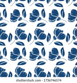 Seamless pattern with vector flower in classic blue color on a white background. Stamp imitation.